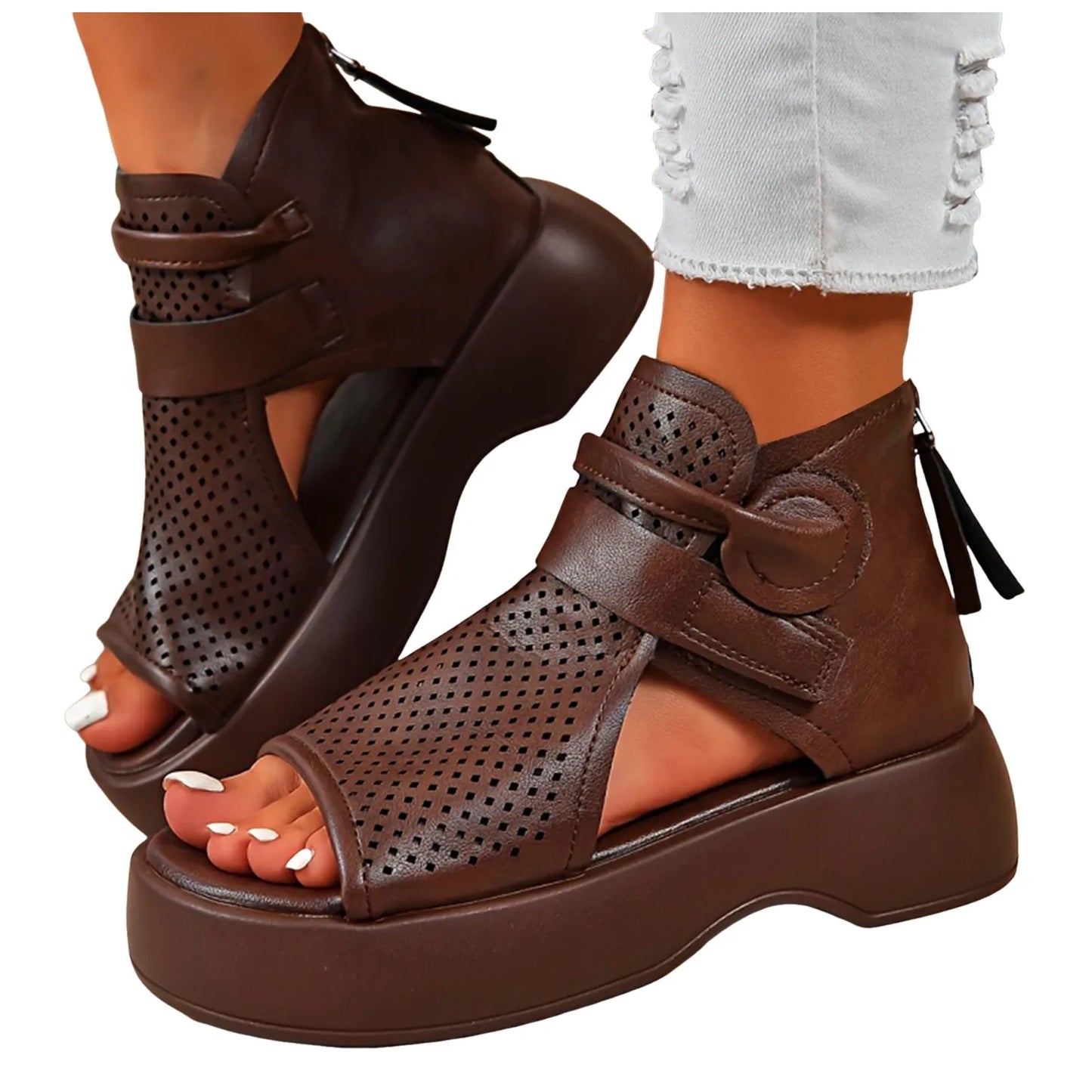 Women'S Leather Upper Plus Size Sandals Open Toe Roman Thick Sole Flat
