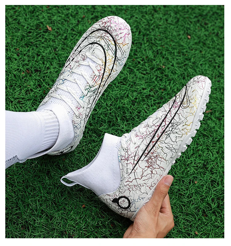 Mens Boys Professional Football Boots TF/FG Soccer Shoes High Ankle Kids Cleats