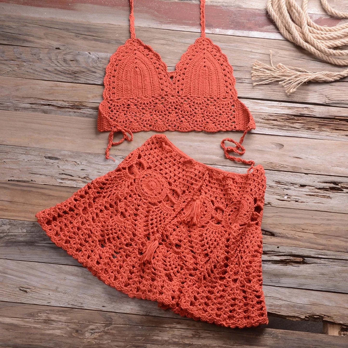 Womens Retro Beach Style Crocheted Hollowed Out Two Piece Summer Bikini Beach