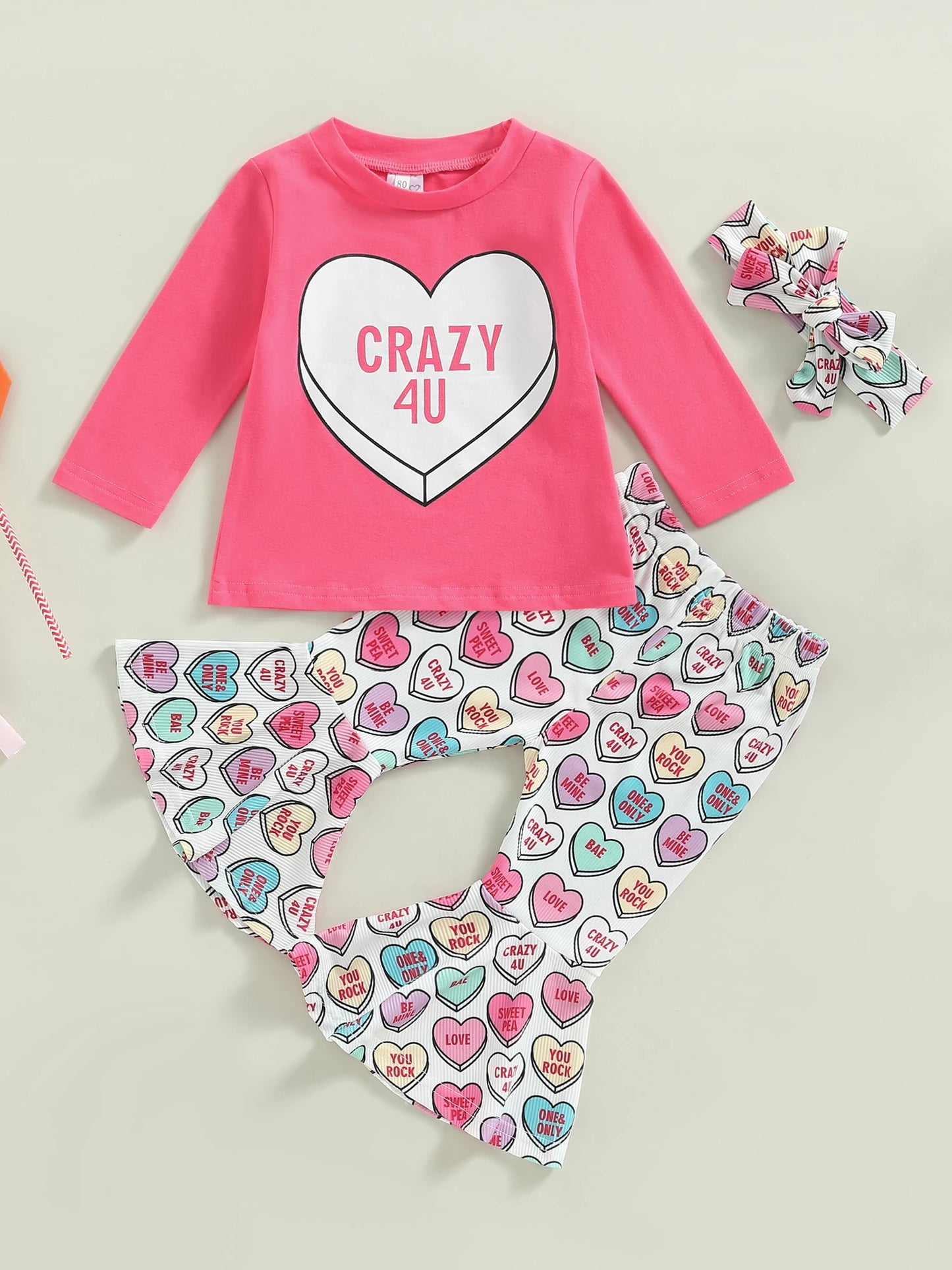 T-Shirts Heart Print Flare Pants Headband 3Pcs Set Love Theme