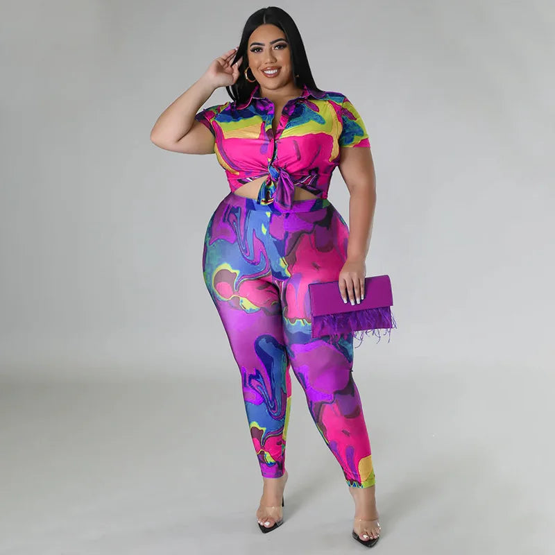 Perl Plus Size Printed Casual Two Piece Set Women Outfit Leisure