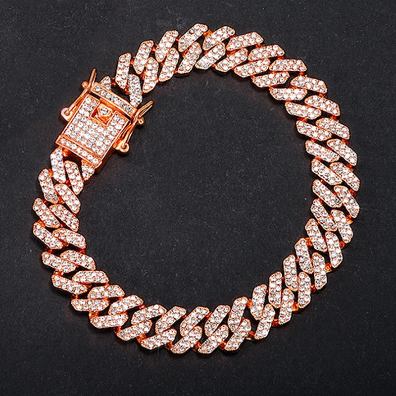 Hip Hop 13MM Rhinestones Prong Iced Out Cuban Link Chain Bracelet