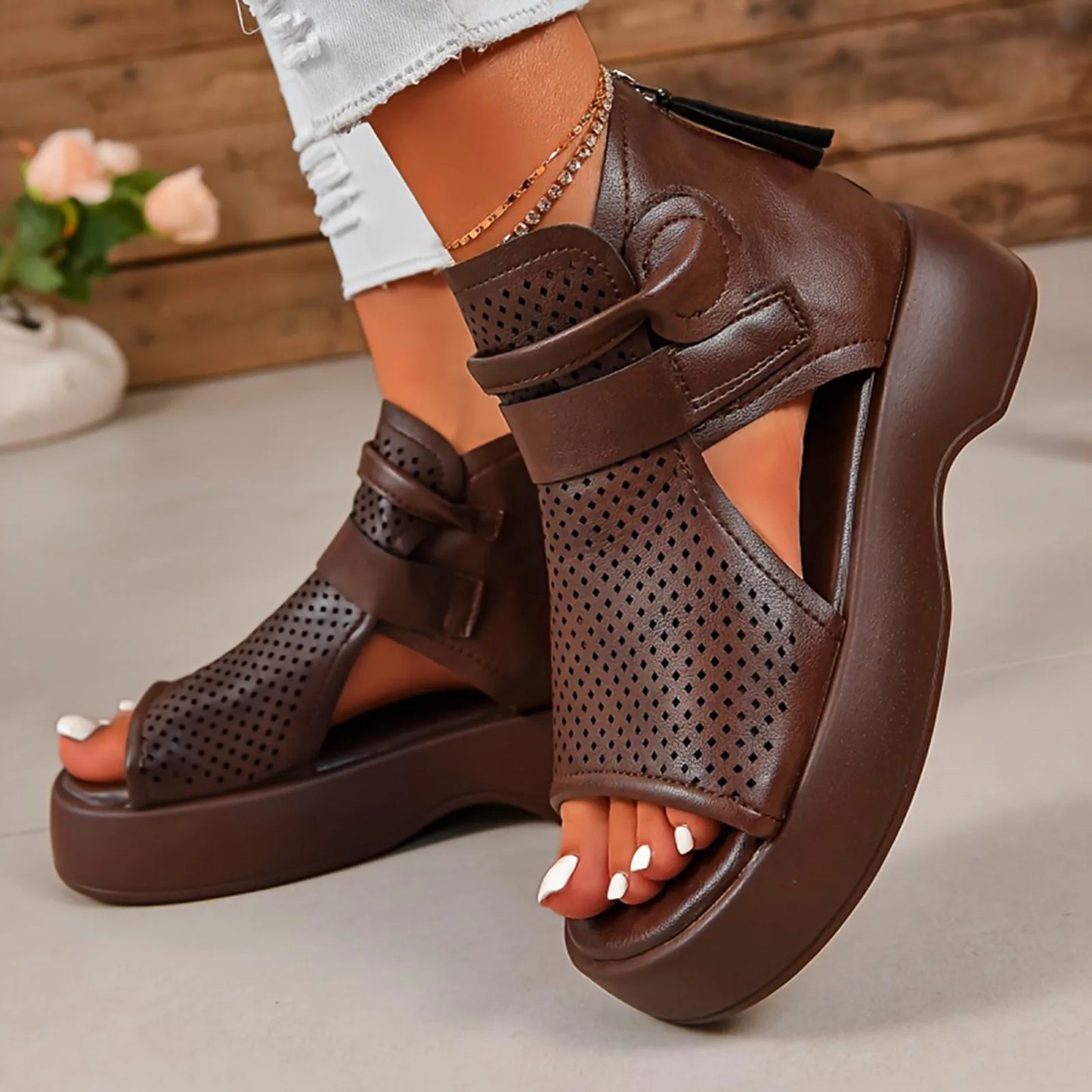 Women'S Leather Upper Plus Size Sandals Open Toe Roman Thick Sole Flat