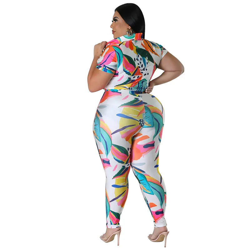 Perl Plus Size Printed Casual Two Piece Set Women Outfit Leisure