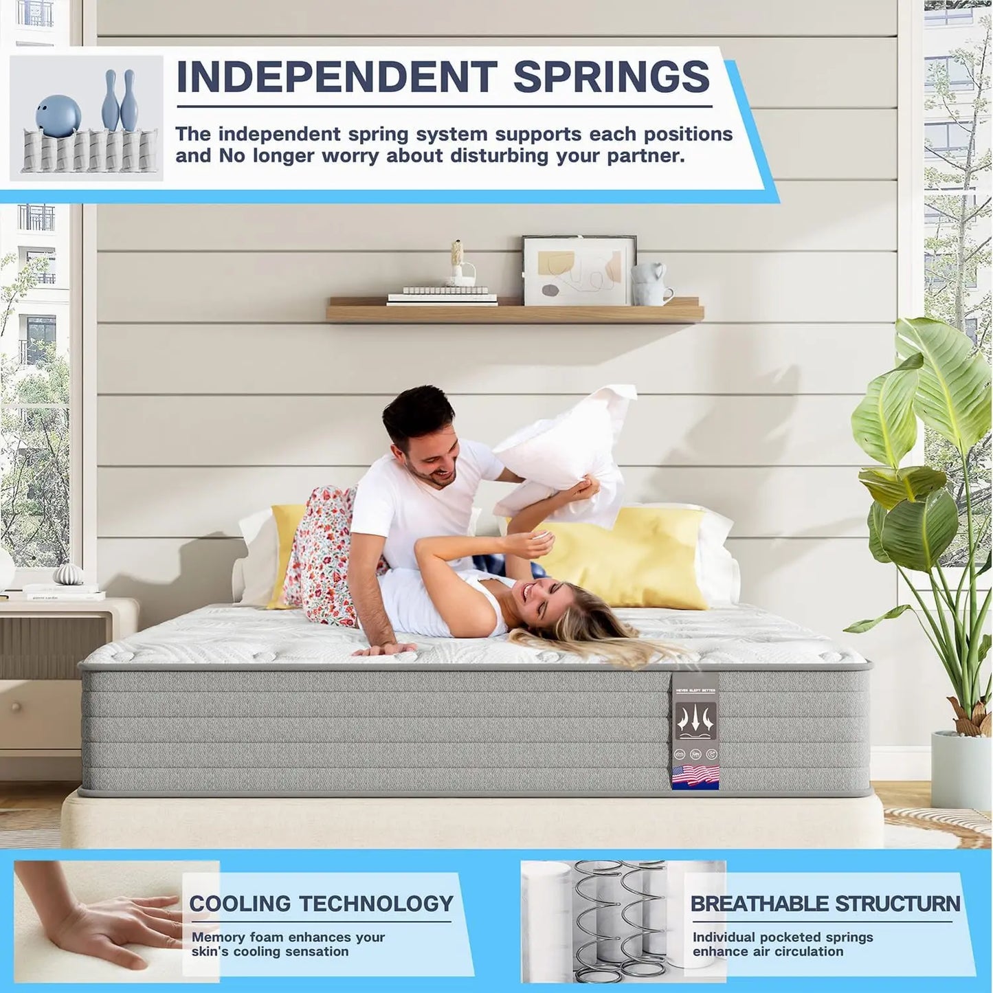 Queen Mattress,12 Inch Hybrid Queen Size ,Individually Pocket Springs for Pressure Relief