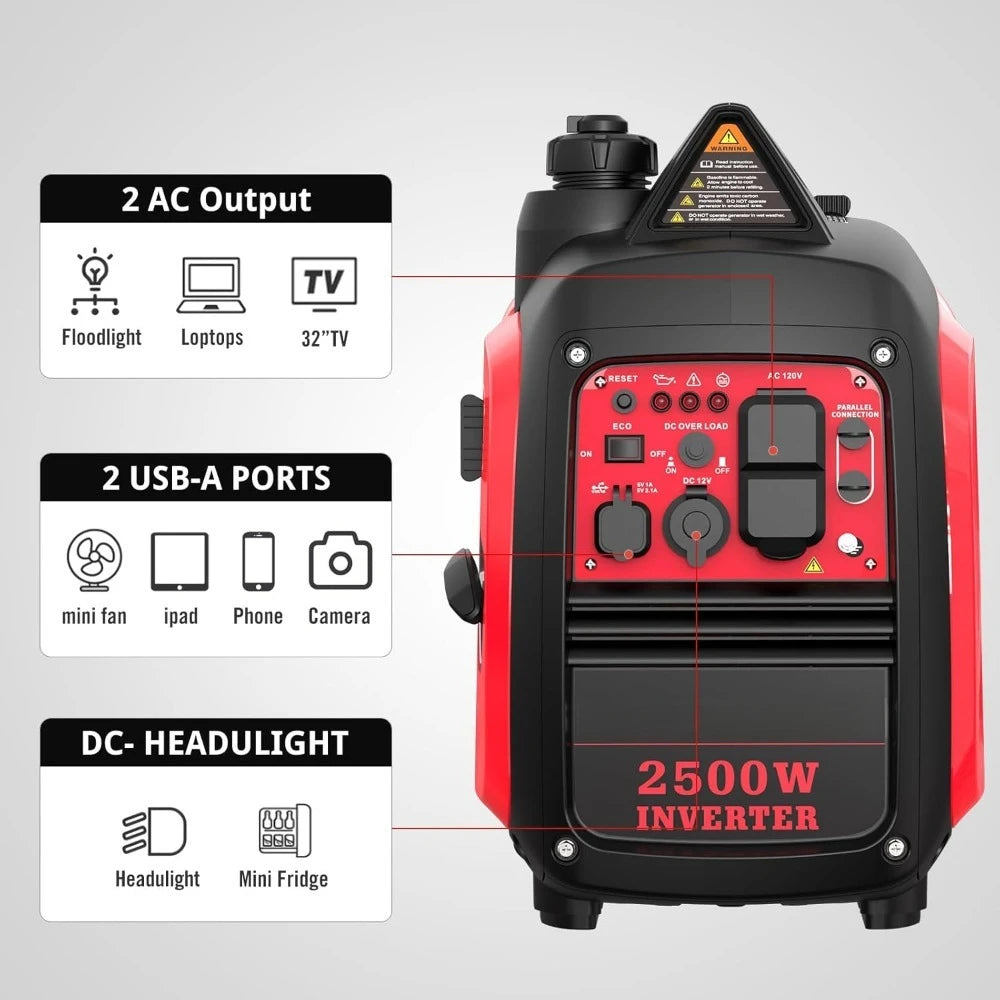 2500-Watt Gas Powered Portable Inverter Generator, Super Quiet for Camping