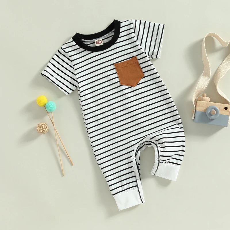Lioraitiin 0-18M Newborn Baby Boys Summer Jumpsuit Round Neck
