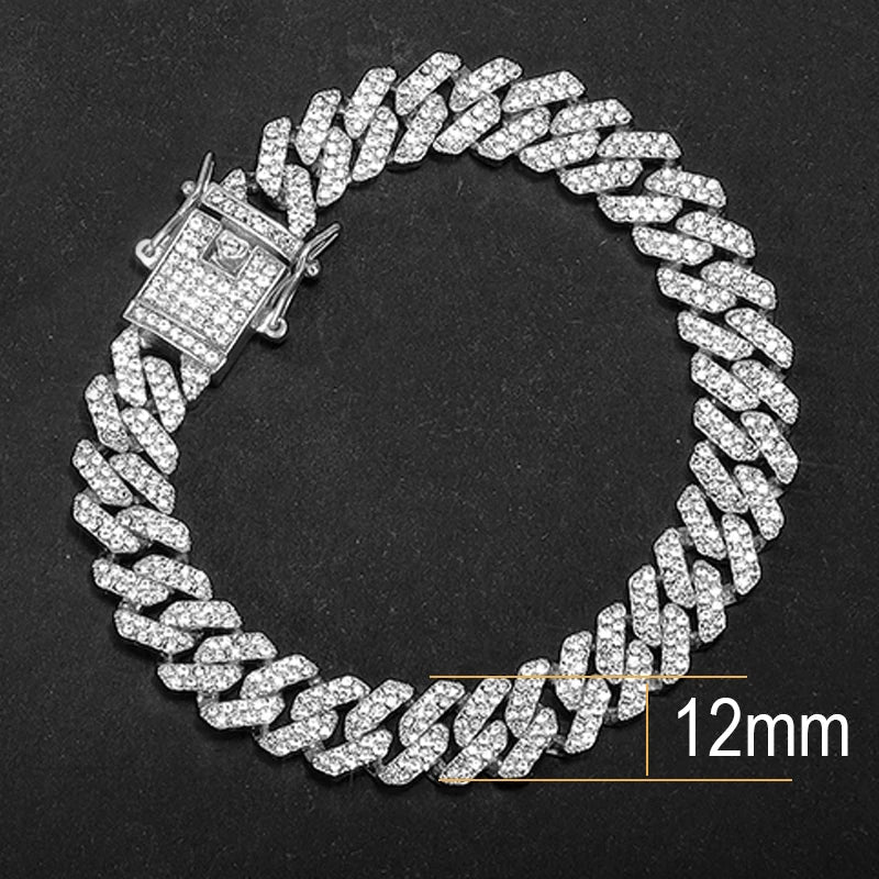 Hip Hop 13MM Rhinestones Prong Iced Out Cuban Link Chain Bracelet
