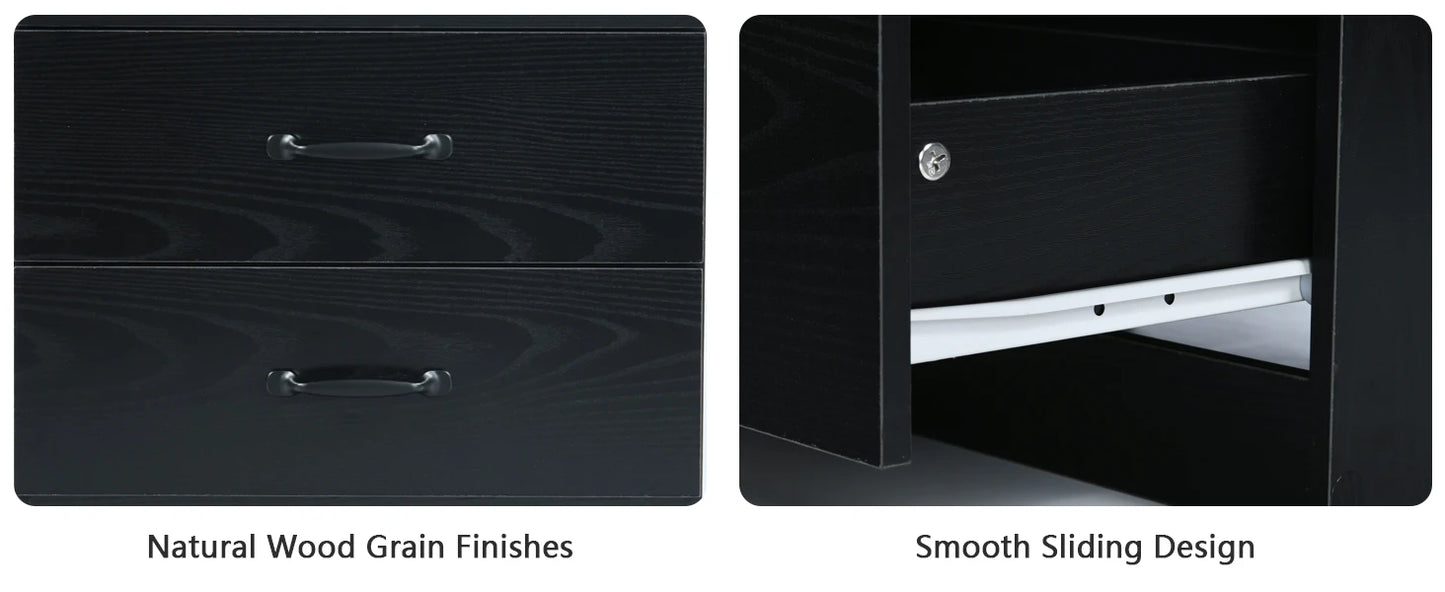 Set of 2 with Charging Station, Black Night Stand with LED Lights, Modern