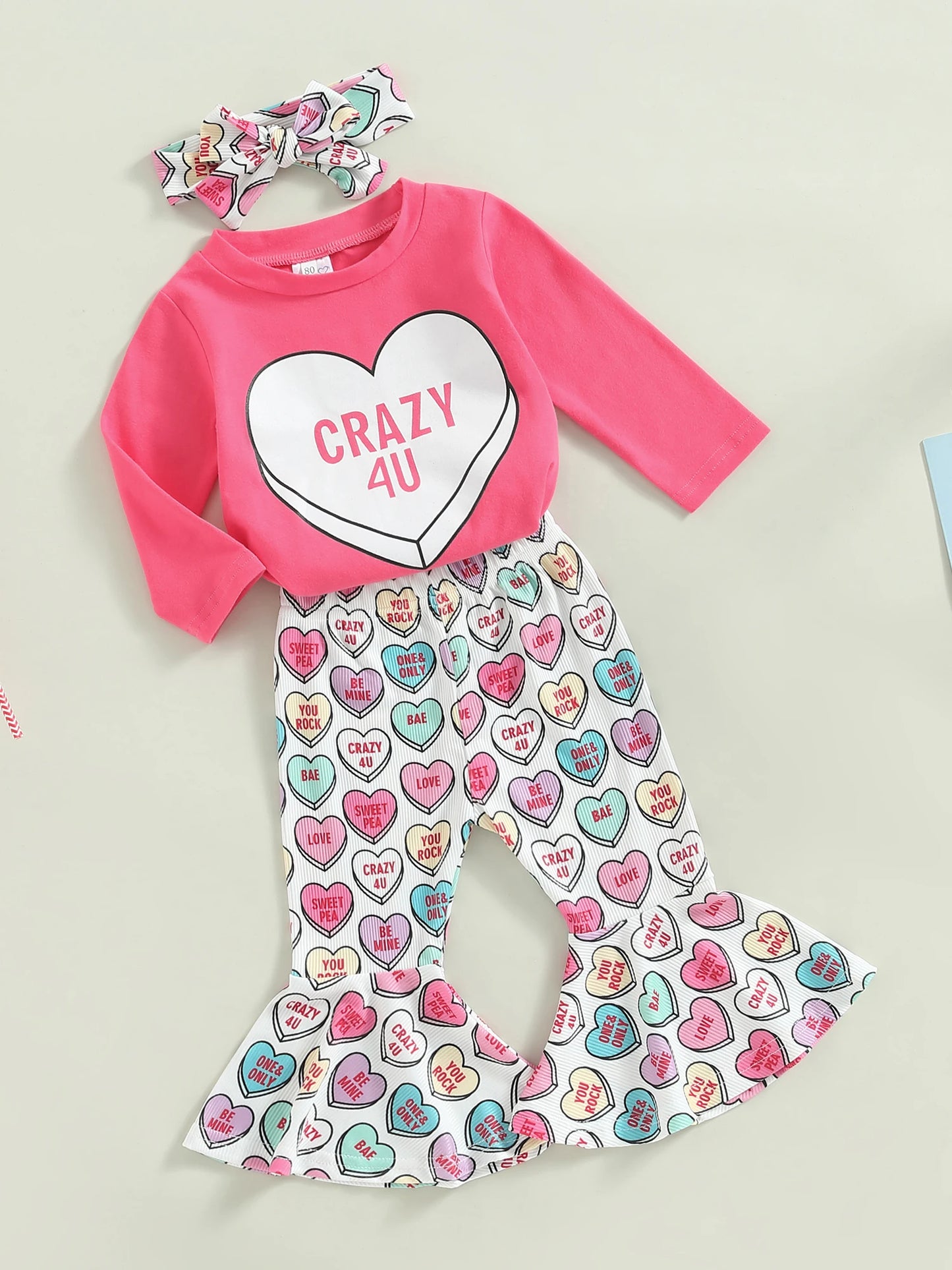 T-Shirts Heart Print Flare Pants Headband 3Pcs Set Love Theme