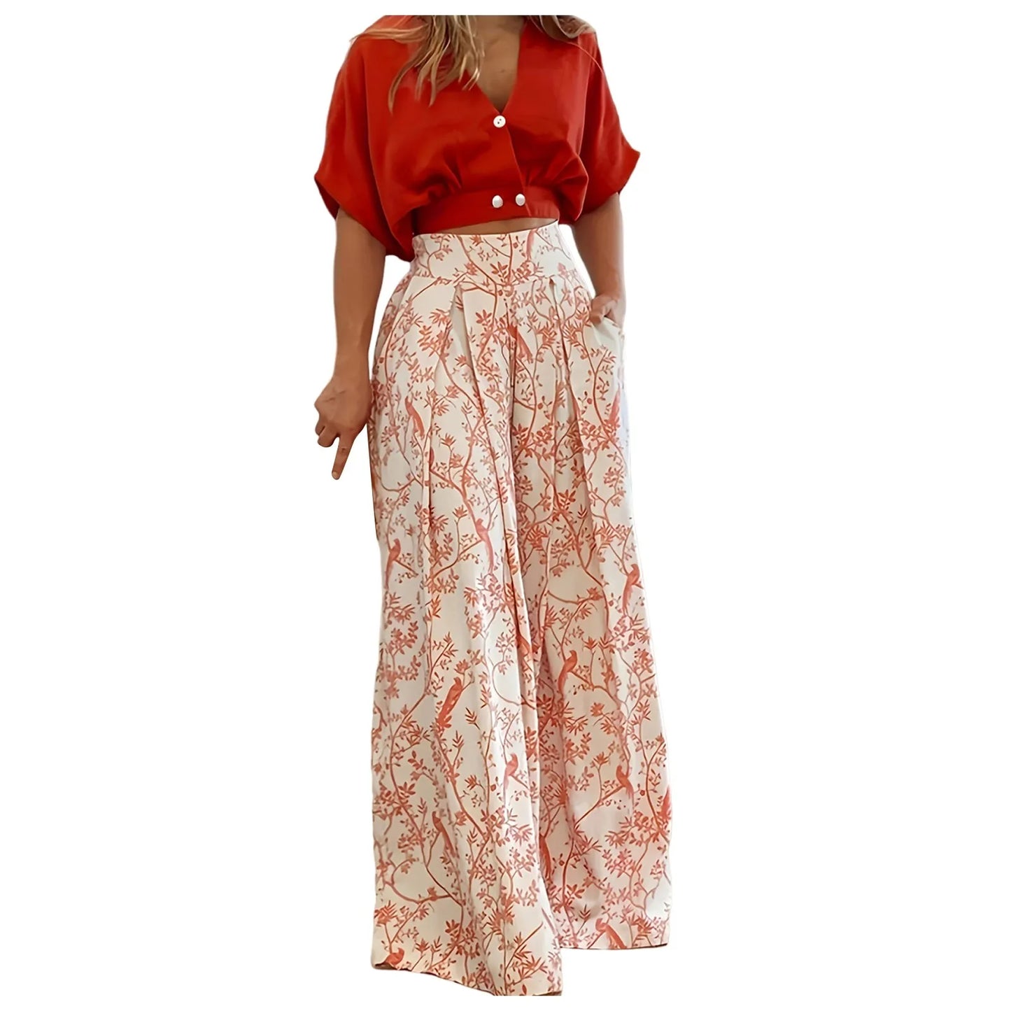 Women Pleated 2 Piece Pants sets Outfits Casual Loose Button Shirt Blouse Top