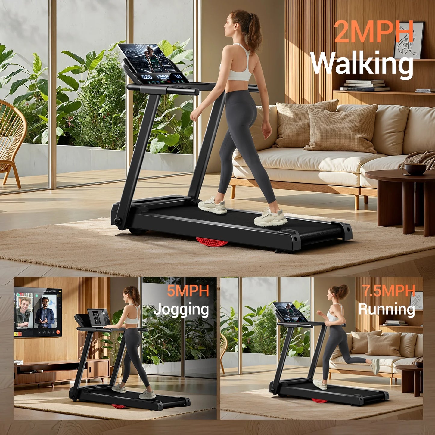 3.0HP Brushless Foldable Home Treadmill | 300LB Capacity | HR Monitor & Dual Shock