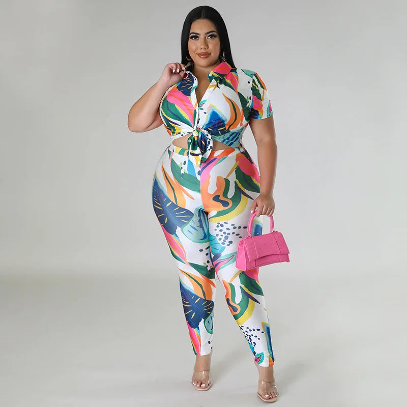 Perl Plus Size Printed Casual Two Piece Set Women Outfit Leisure