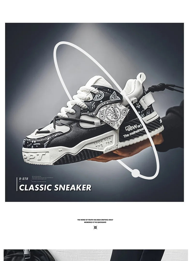 Platform Sneakers for Men Trend Design Graffiti Skateboard