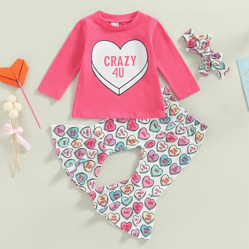 T-Shirts Heart Print Flare Pants Headband 3Pcs Set Love Theme