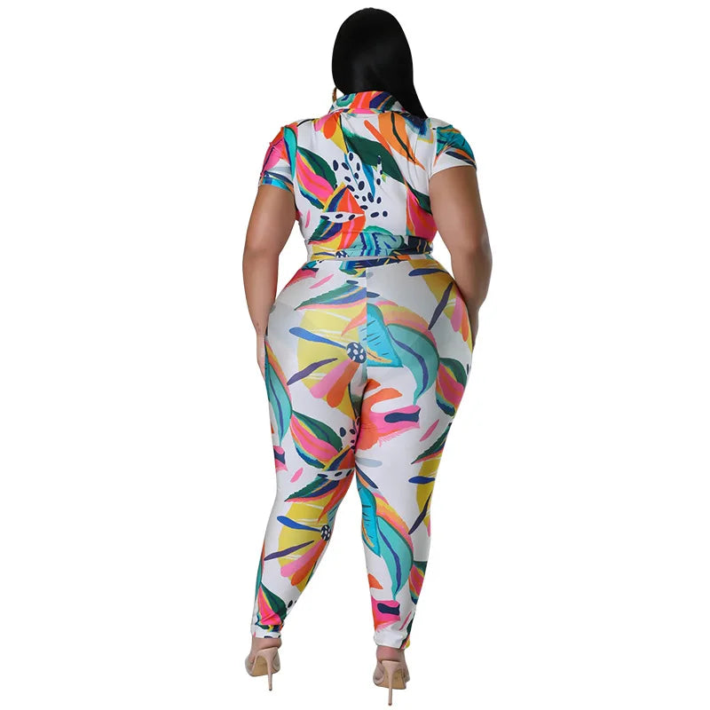 Perl Plus Size Printed Casual Two Piece Set Women Outfit Leisure