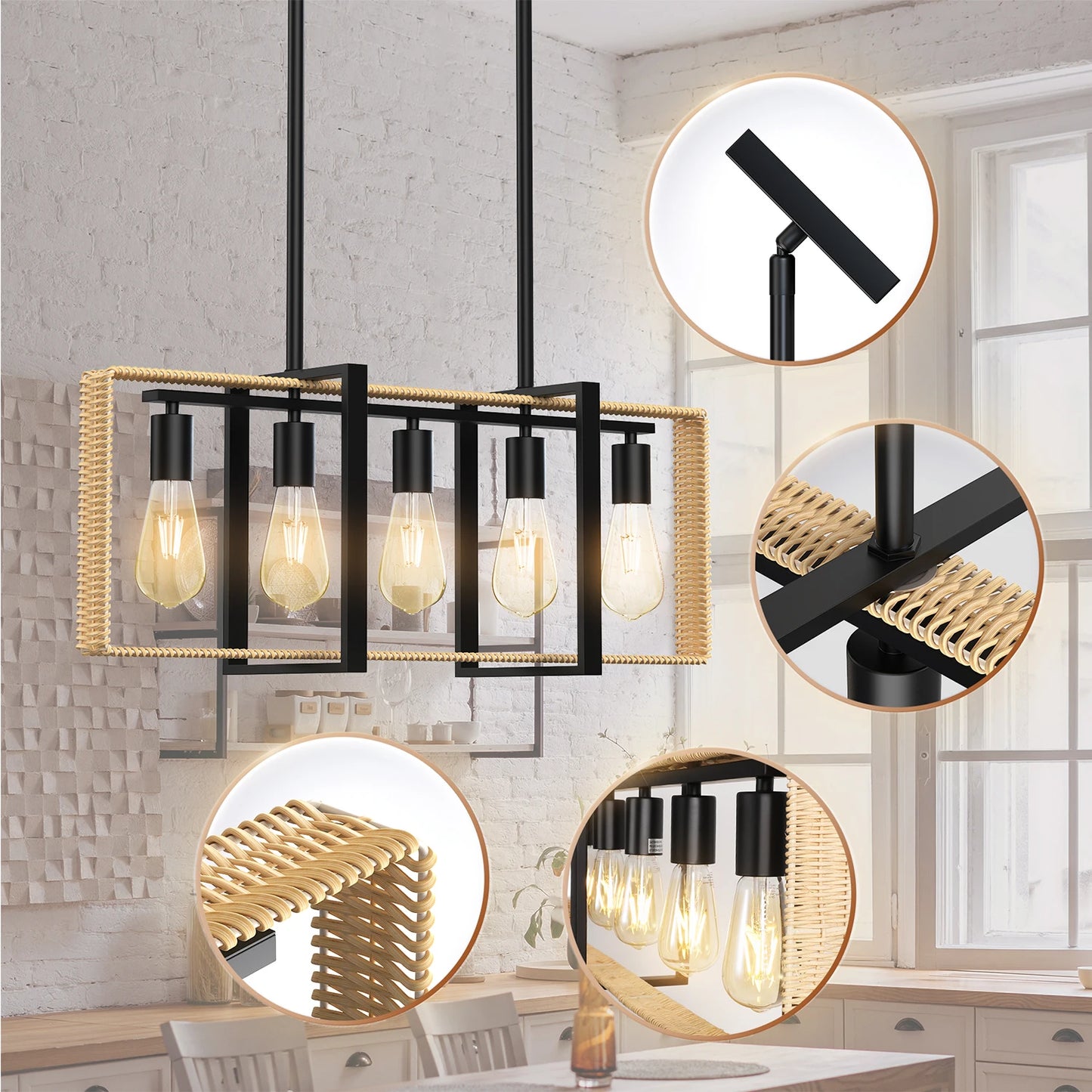 5 Lights Celling Light Fixture Rattan Pendant Height Adjustable Indoor