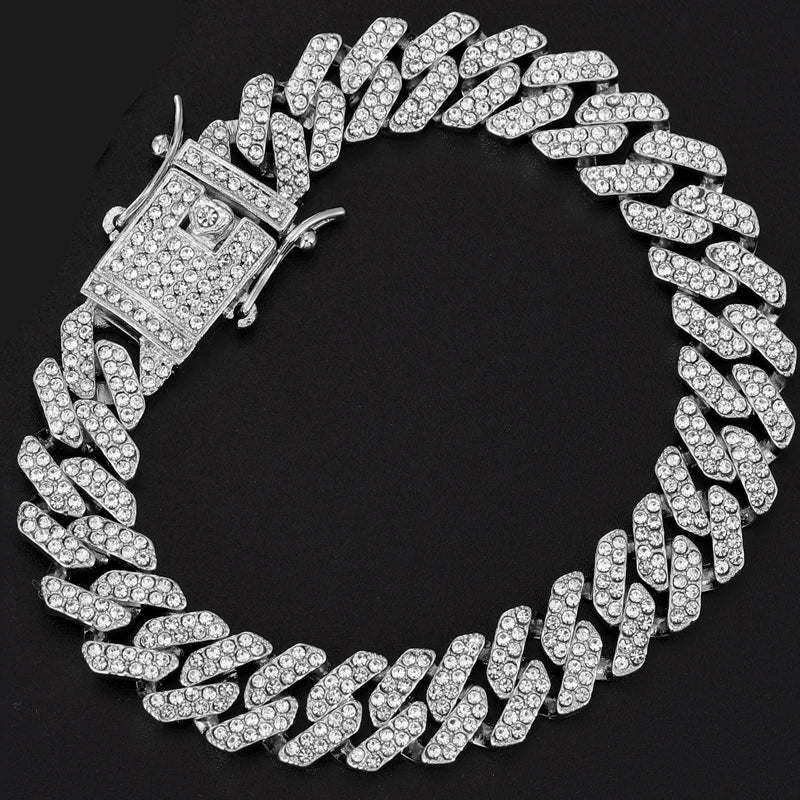 Hip Hop 13MM Rhinestones Prong Iced Out Cuban Link Chain Bracelet
