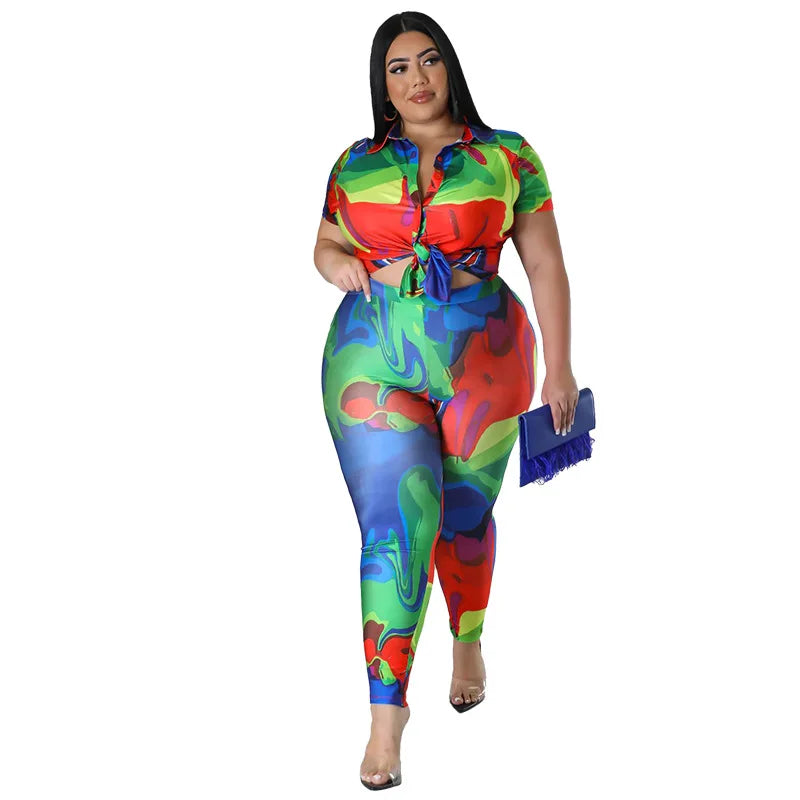 Perl Plus Size Printed Casual Two Piece Set Women Outfit Leisure