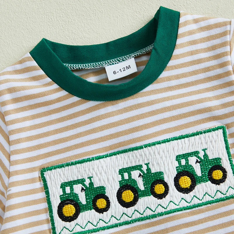 Cute Infant Farm Theme Clothing Set with Tractor Design Short Sleeve Tee and Solid Shorts with Pockets for Little Boys 2