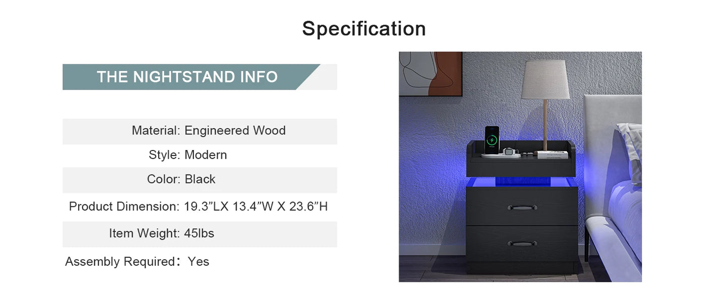 Set of 2 with Charging Station, Black Night Stand with LED Lights, Modern