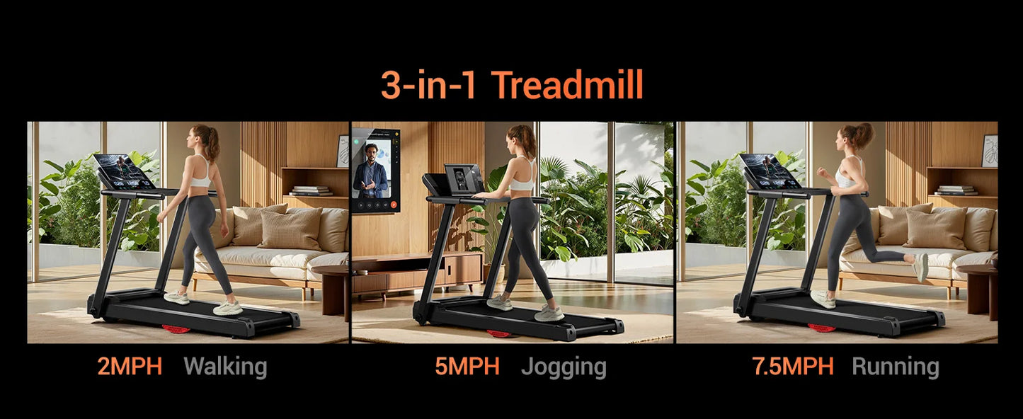 3.0HP Brushless Foldable Home Treadmill | 300LB Capacity | HR Monitor & Dual Shock