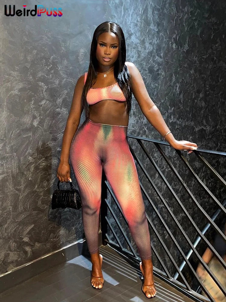 Weird Puss Gradient Print 2 Piece Set Women Skinny Striped Stretch