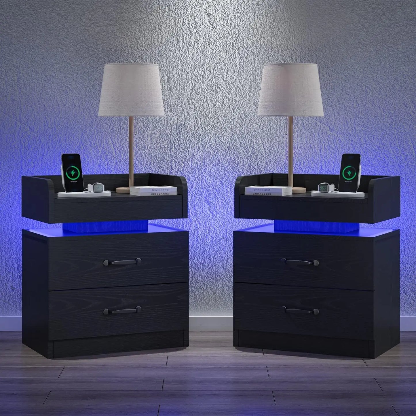 Set of 2 with Charging Station, Black Night Stand with LED Lights, Modern