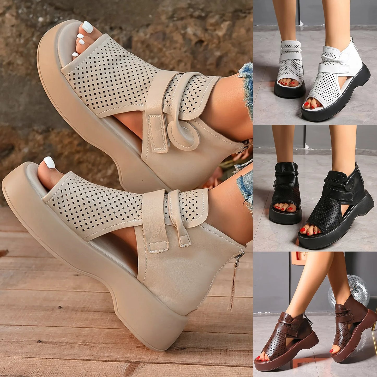 Women'S Leather Upper Plus Size Sandals Open Toe Roman Thick Sole Flat