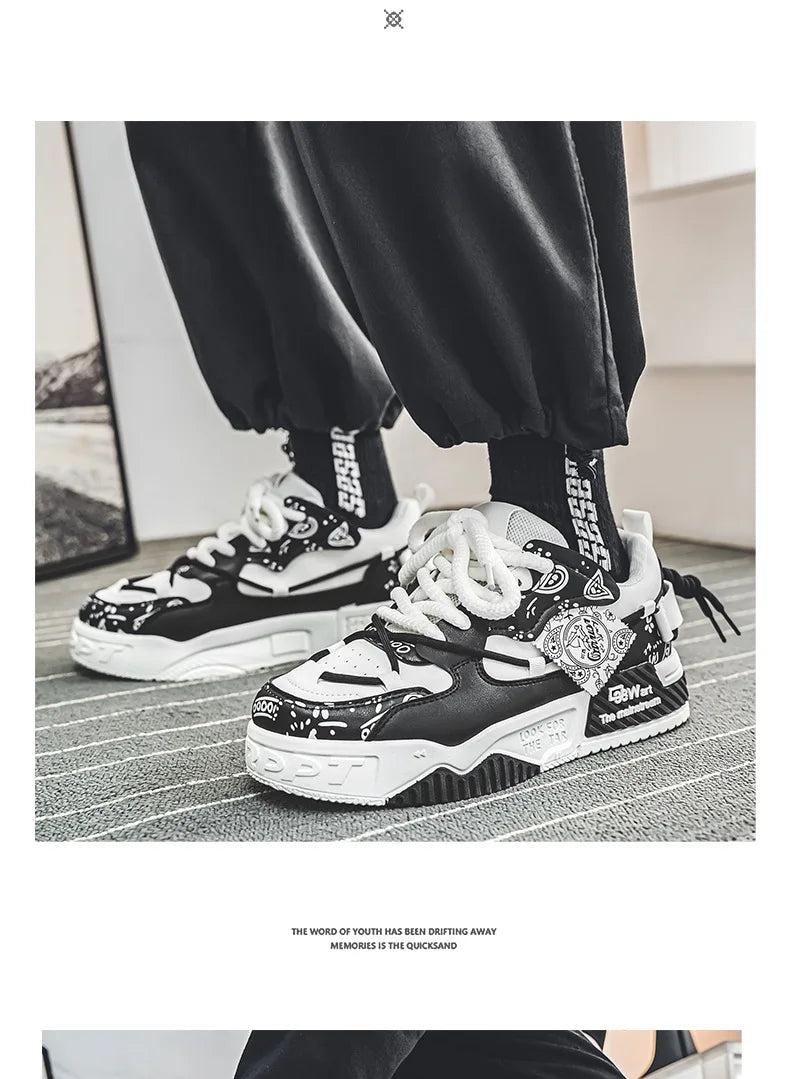Platform Sneakers for Men Trend Design Graffiti Skateboard