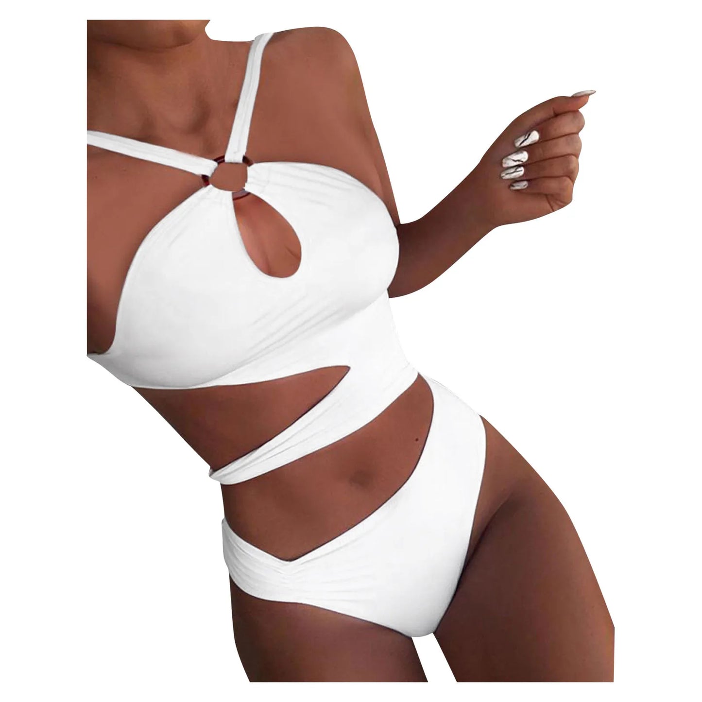 Sexy Halter Irregular Cutting Bikini Set Push-Up Bra Padded Swimsuit White Slim
