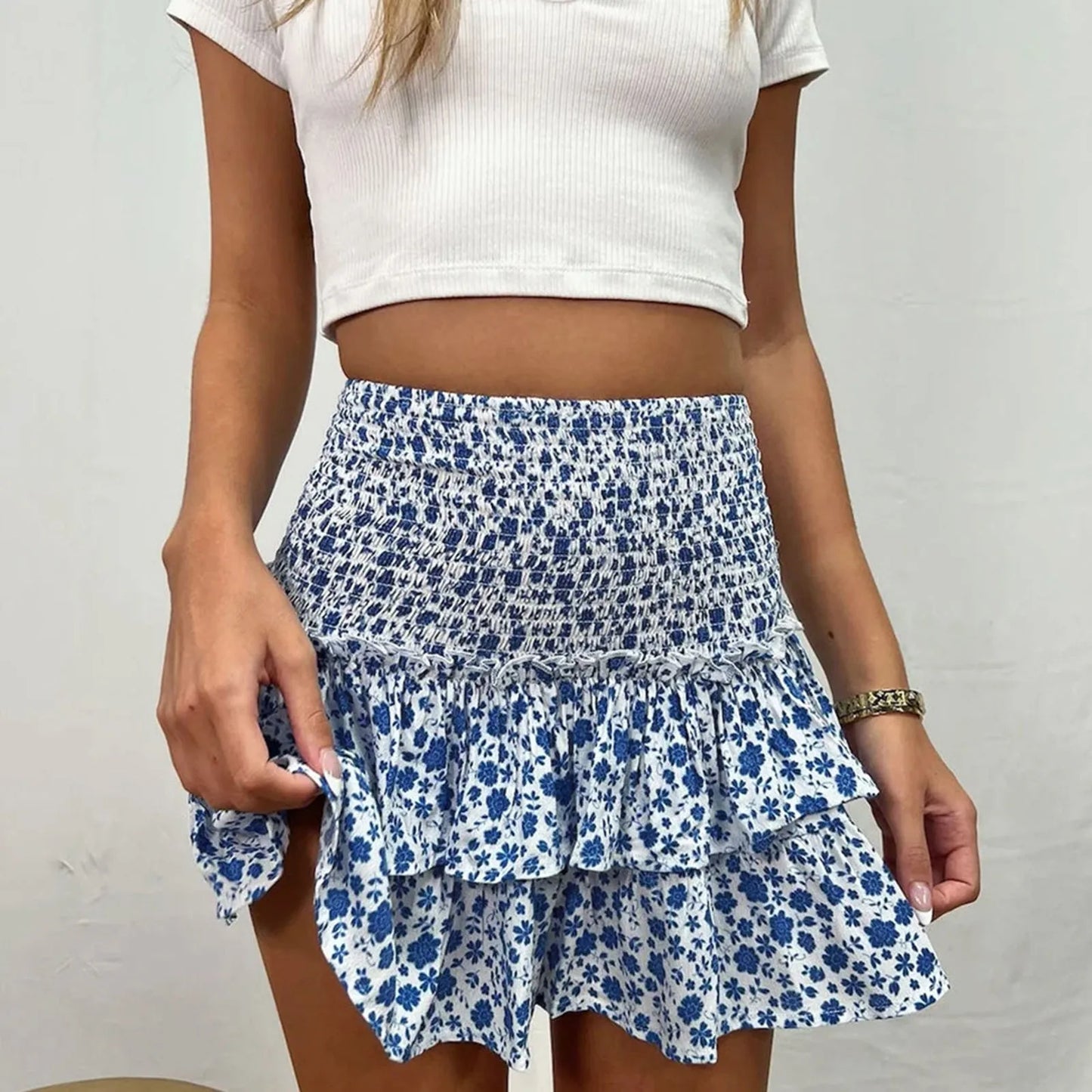 Women's Sexy Skirt Pleated Ruffle Ruched Hem Little Floral Printed Fashion Boho
