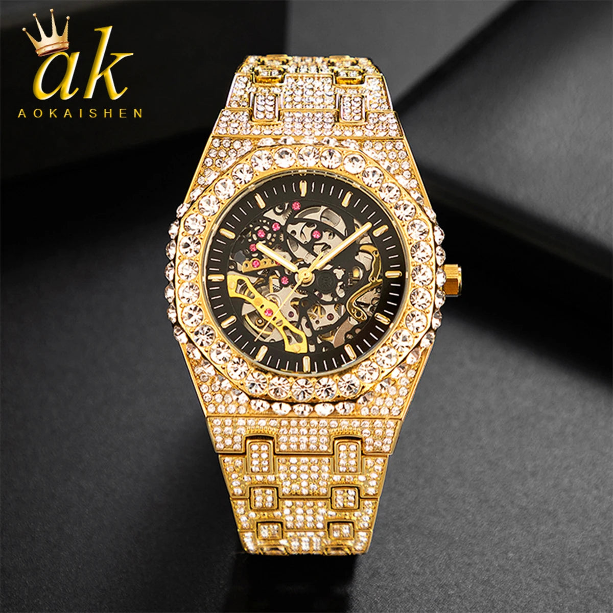 Ice Hollow Out Watch for Men Quartz Clock Mechanical Rhinestone Glow Waterproof