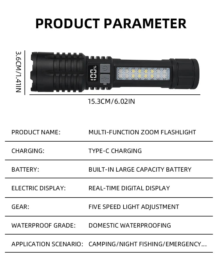Portable Rechargeable High Power LED Flashlights With Display Screen Zoom Tactical