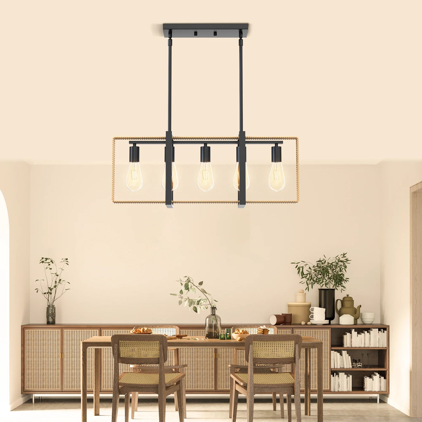5 Lights Celling Light Fixture Rattan Pendant Height Adjustable Indoor