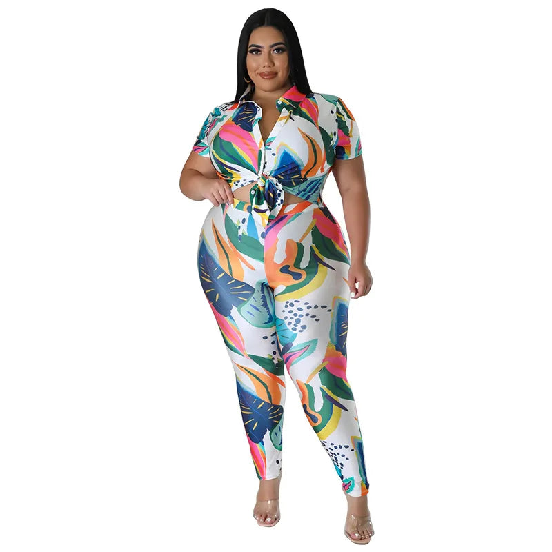 Perl Plus Size Printed Casual Two Piece Set Women Outfit Leisure