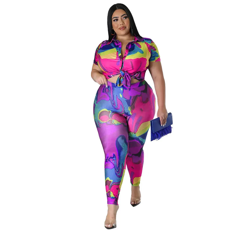 Perl Plus Size Printed Casual Two Piece Set Women Outfit Leisure