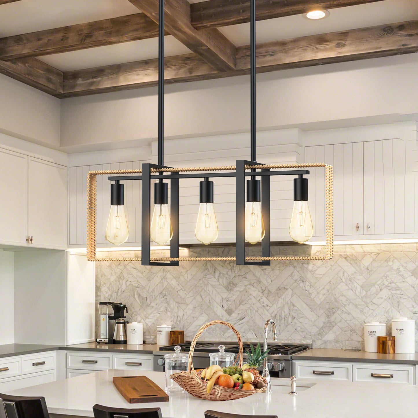 5 Lights Celling Light Fixture Rattan Pendant Height Adjustable Indoor