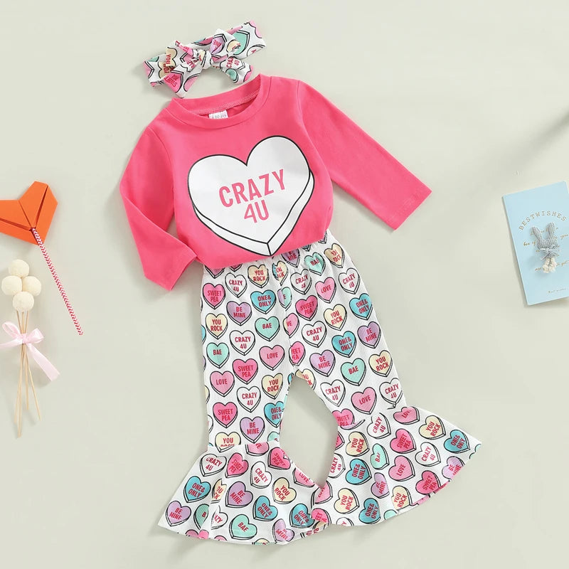 T-Shirts Heart Print Flare Pants Headband 3Pcs Set Love Theme