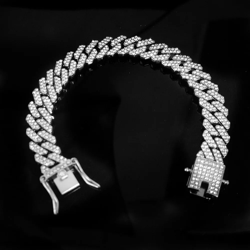 Hip Hop 13MM Rhinestones Prong Iced Out Cuban Link Chain Bracelet