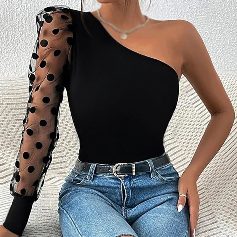 Spring Summer Women Sexy Mesh Tshirt Pullover Top Tees One Shoulder