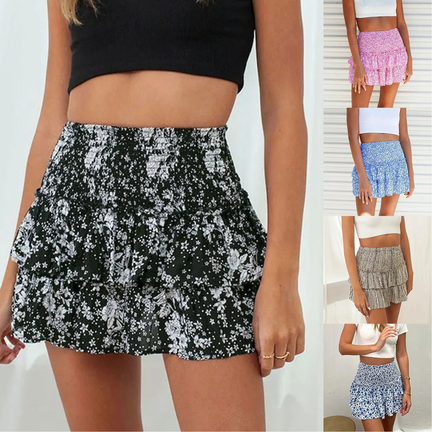 Women's Sexy Skirt Pleated Ruffle Ruched Hem Little Floral Printed Fashion Boho