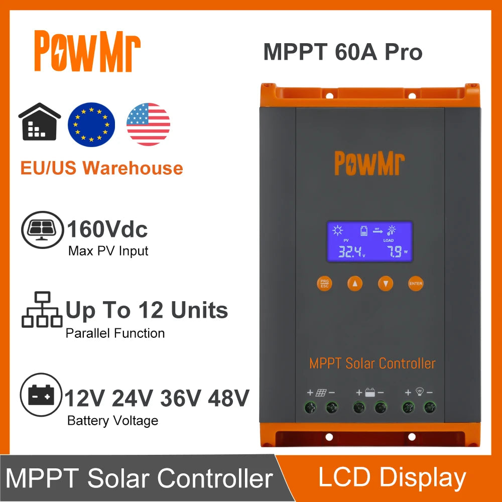 PowMr New 60A MPPT Solar Charge Controller 12V/24V/36V/48V LCD Dispaly Max Solar