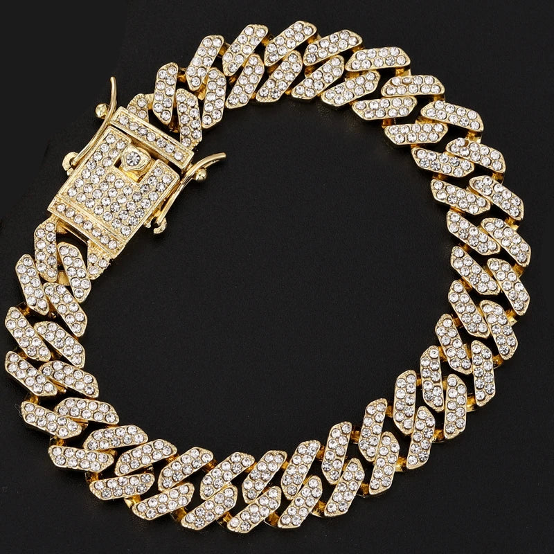 Hip Hop 13MM Rhinestones Prong Iced Out Cuban Link Chain Bracelet