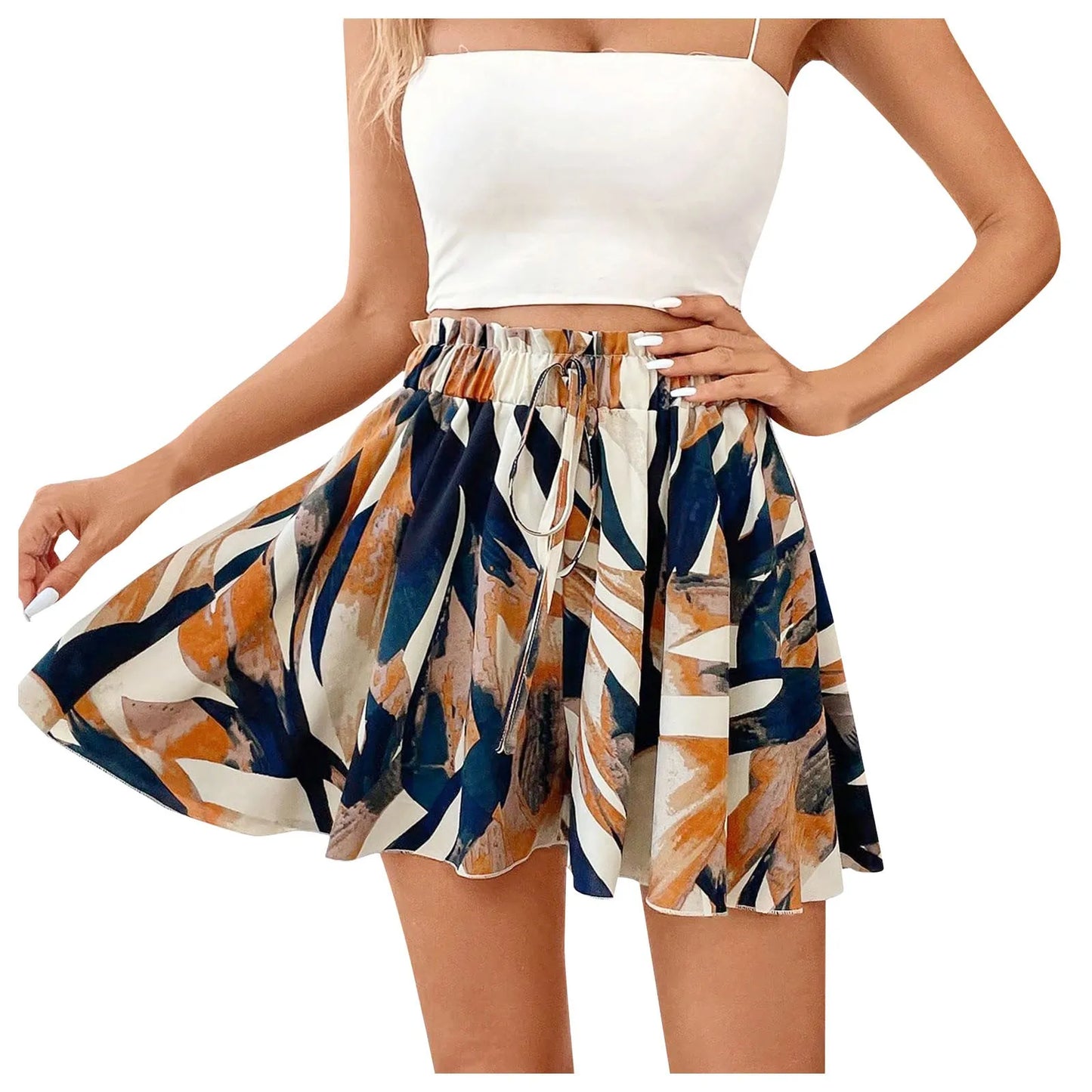 Women Summer Shorts Floral Print Drawstrings Elastic Waist Bohemian