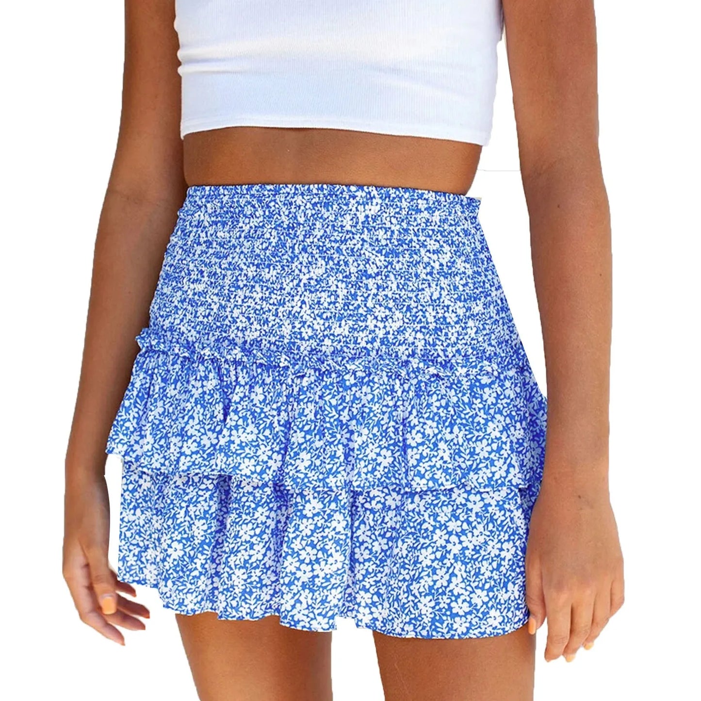 Women's Sexy Skirt Pleated Ruffle Ruched Hem Little Floral Printed Fashion Boho