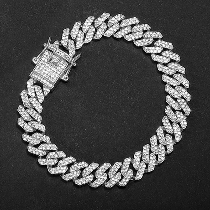 Hip Hop 13MM Rhinestones Prong Iced Out Cuban Link Chain Bracelet