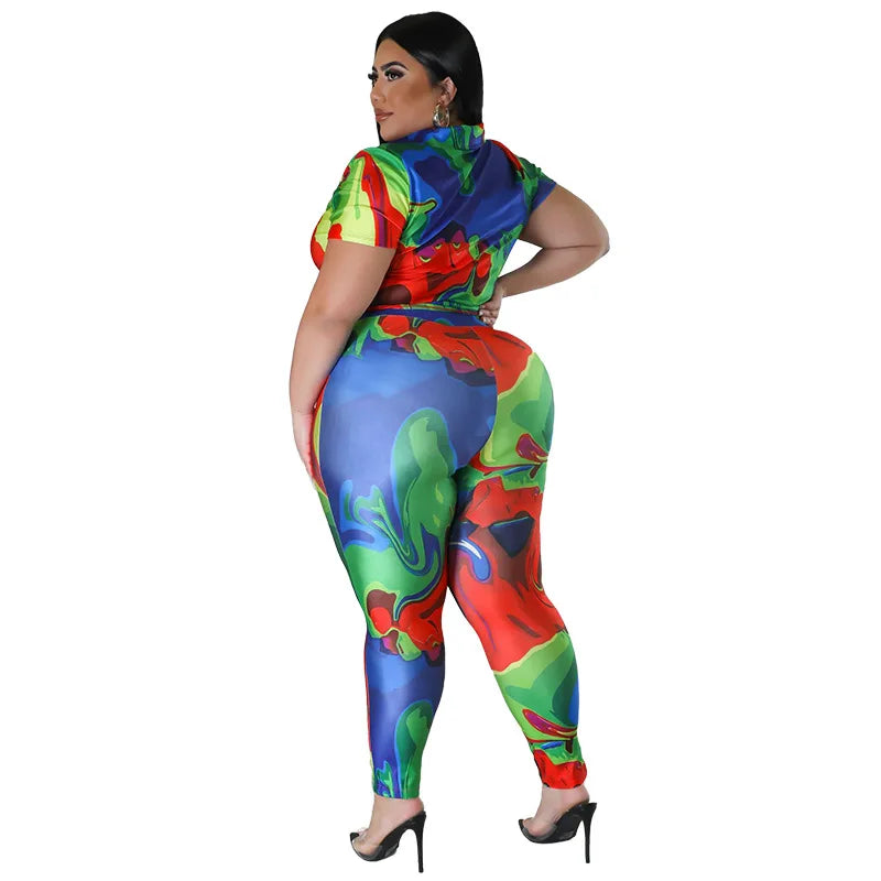 Perl Plus Size Printed Casual Two Piece Set Women Outfit Leisure