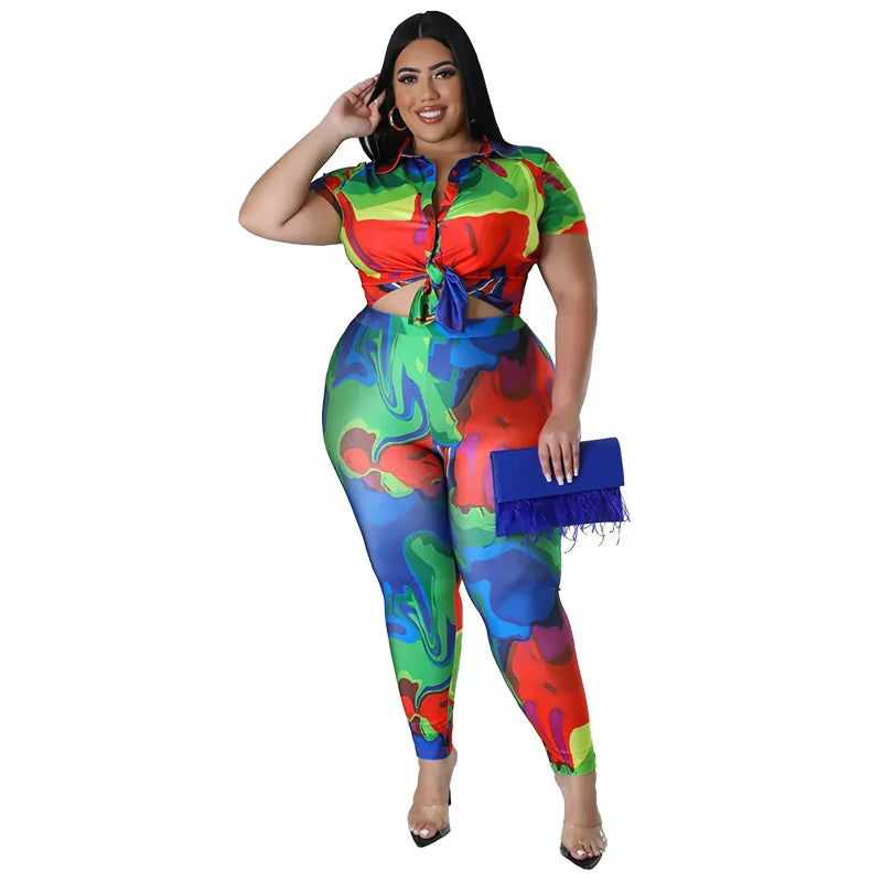 Perl Plus Size Printed Casual Two Piece Set Women Outfit Leisure