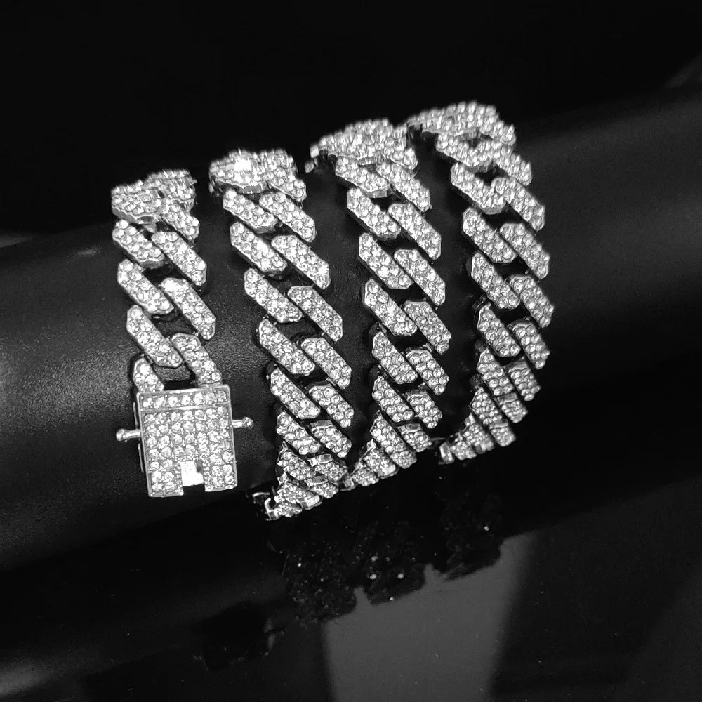 Hip Hop 13MM Rhinestones Prong Iced Out Cuban Link Chain Bracelet